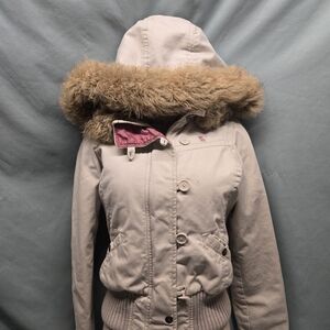 Abercrombie & Fitch Cream Puffer Jacket with Faux Fur Hood